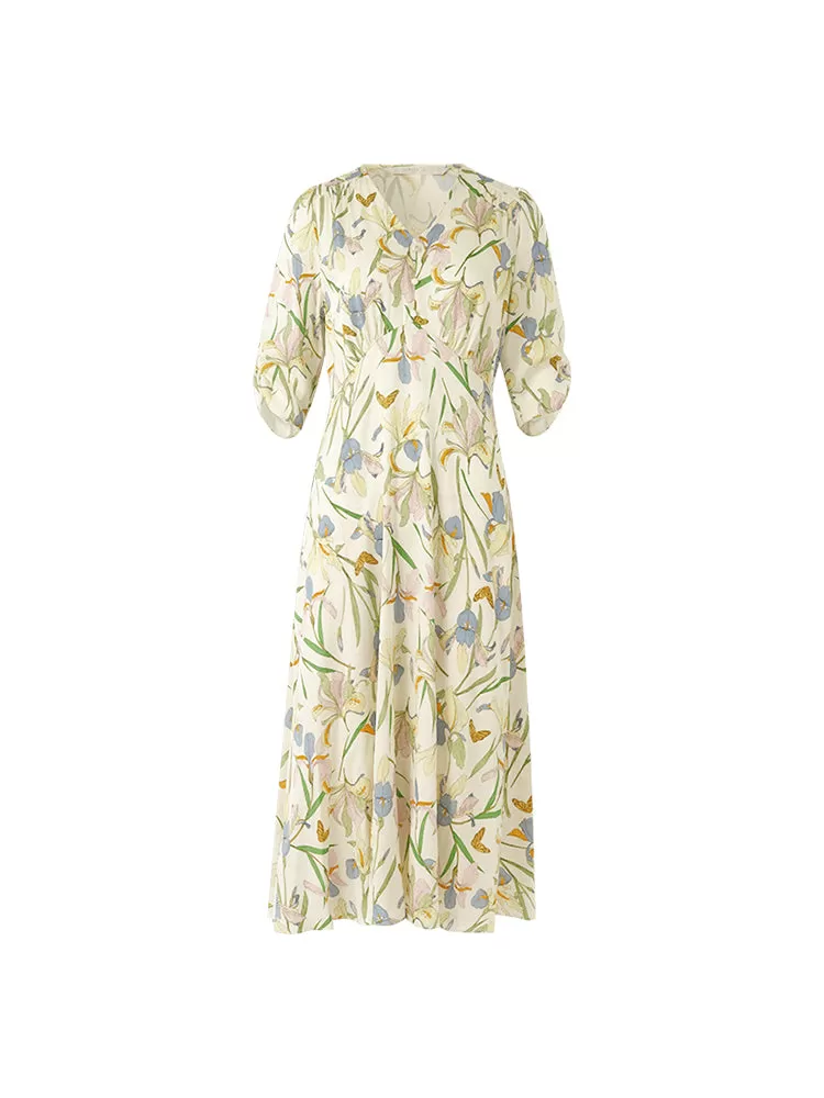 19 Momme Mulberry Silk Iris Printed V-Neck Women Midi Dress With Sleep Mask And Scrunchie