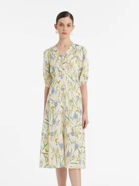 19 Momme Mulberry Silk Iris Printed V-Neck Women Midi Dress With Sleep Mask And Scrunchie