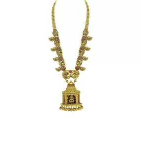 22K Yellow Gold Necklace W/ Ruby, Emerald & Large Laxmi Temple Pendant on Flower Carved Chain