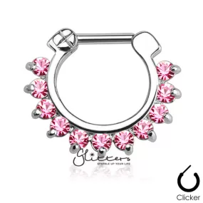 316L Surgical Steel Single Line Pronged Gems Septum Clicker-Pink