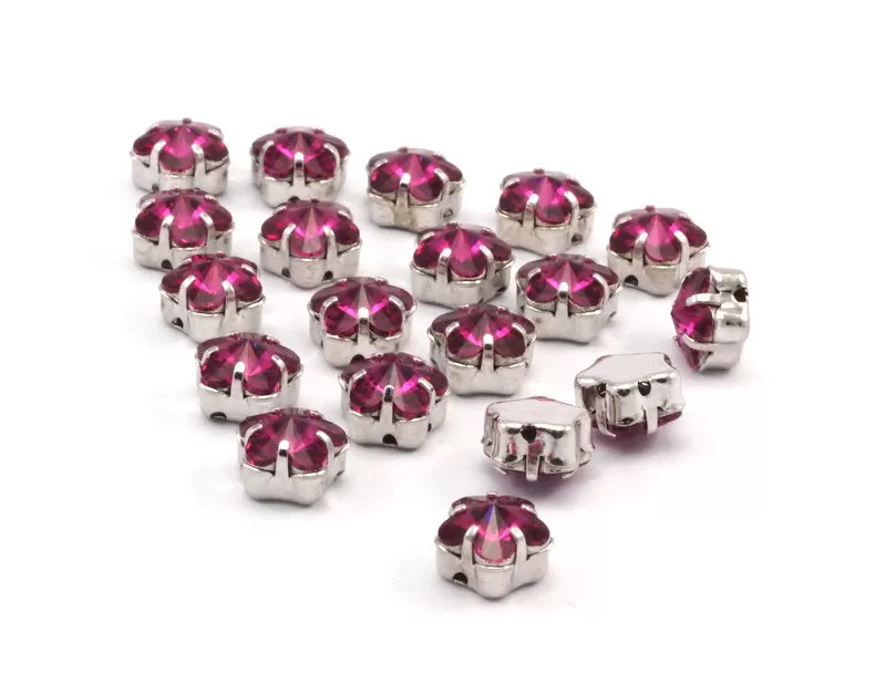 4 Silver Brass Fuchsia Flower Swarovski Rhinestone Prong Setting 10mm K269