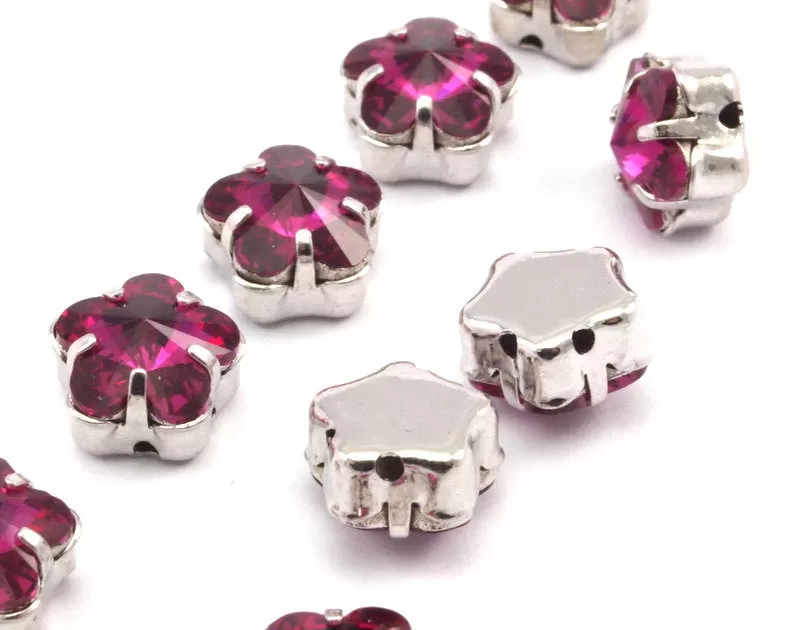 4 Silver Brass Fuchsia Flower Swarovski Rhinestone Prong Setting 10mm K269