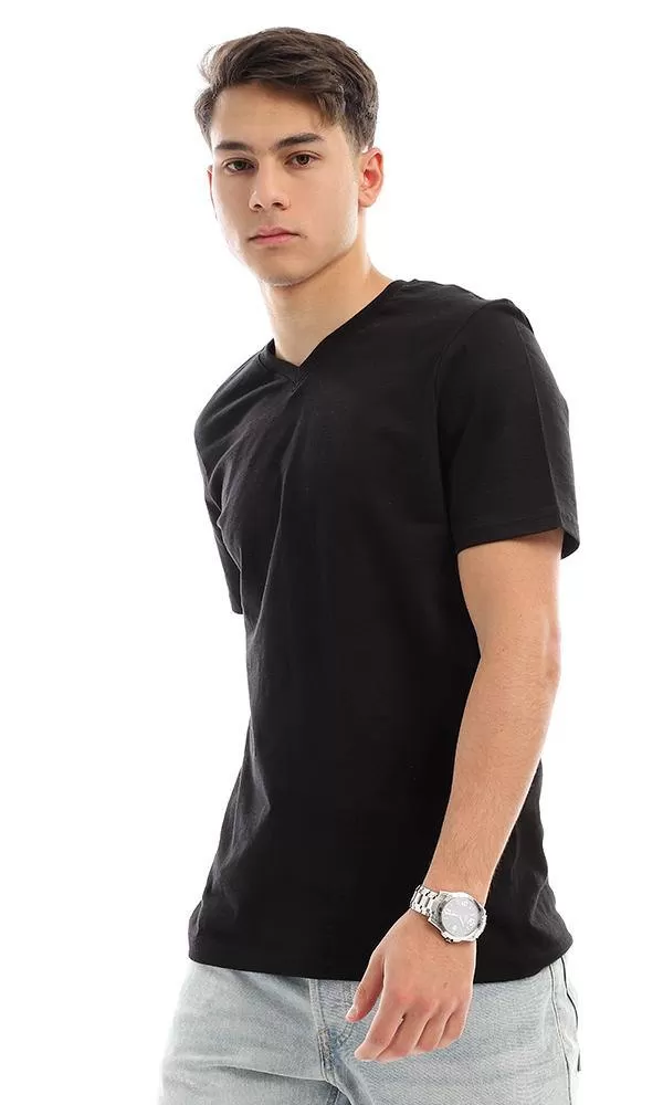 94604 Black Cotton V-Neck Slip On Summer Tee