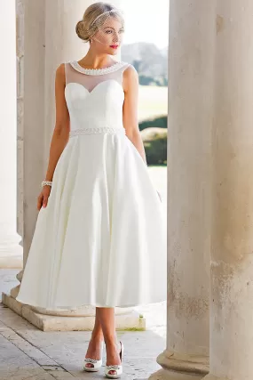 A-Line Tea-Length Sleeveless Jeweled Scoop Neck Satin Wedding Dress-MK_705893