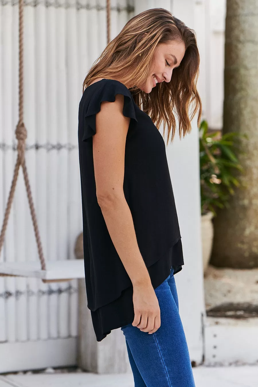 Audrey V Neck Black Frill Sleeve Top