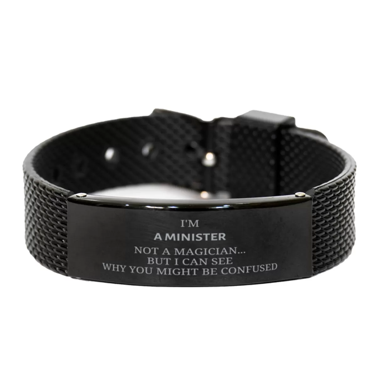 Badass Minister Gifts, I'm Minister not a magician, Sarcastic Black Shark Mesh Bracelet for Minister Birthday Christmas for  Men, Women, Friends, Coworkers