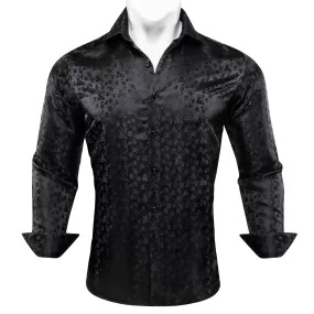 Barry Wang Men's Shirts Black Floral Silk Embroidered Long Sleeve Slim Causal Turn Down Breathable Colorfast Clothing Tops