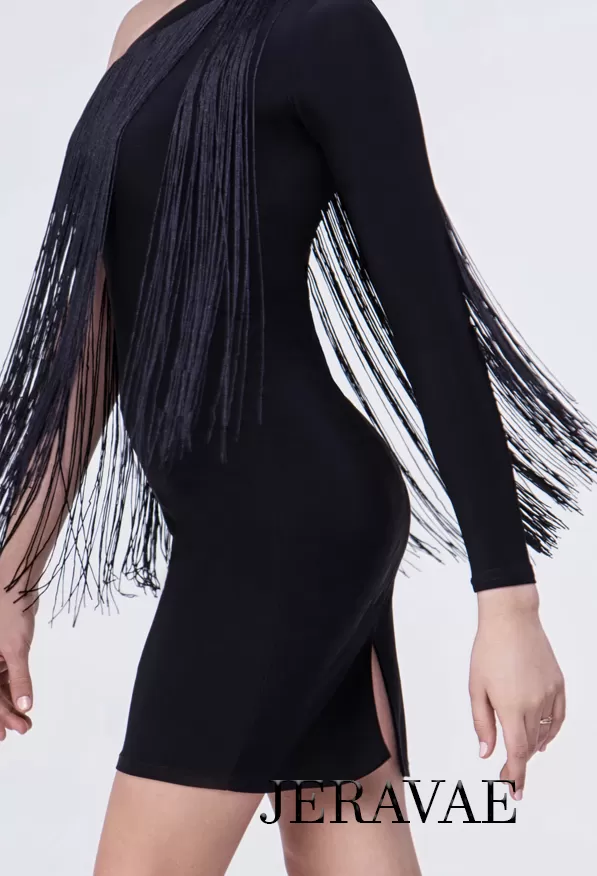 Black Latin Dress with Long Fringe Starting at Top Seam and One Long Sleeve PRA 366_sale