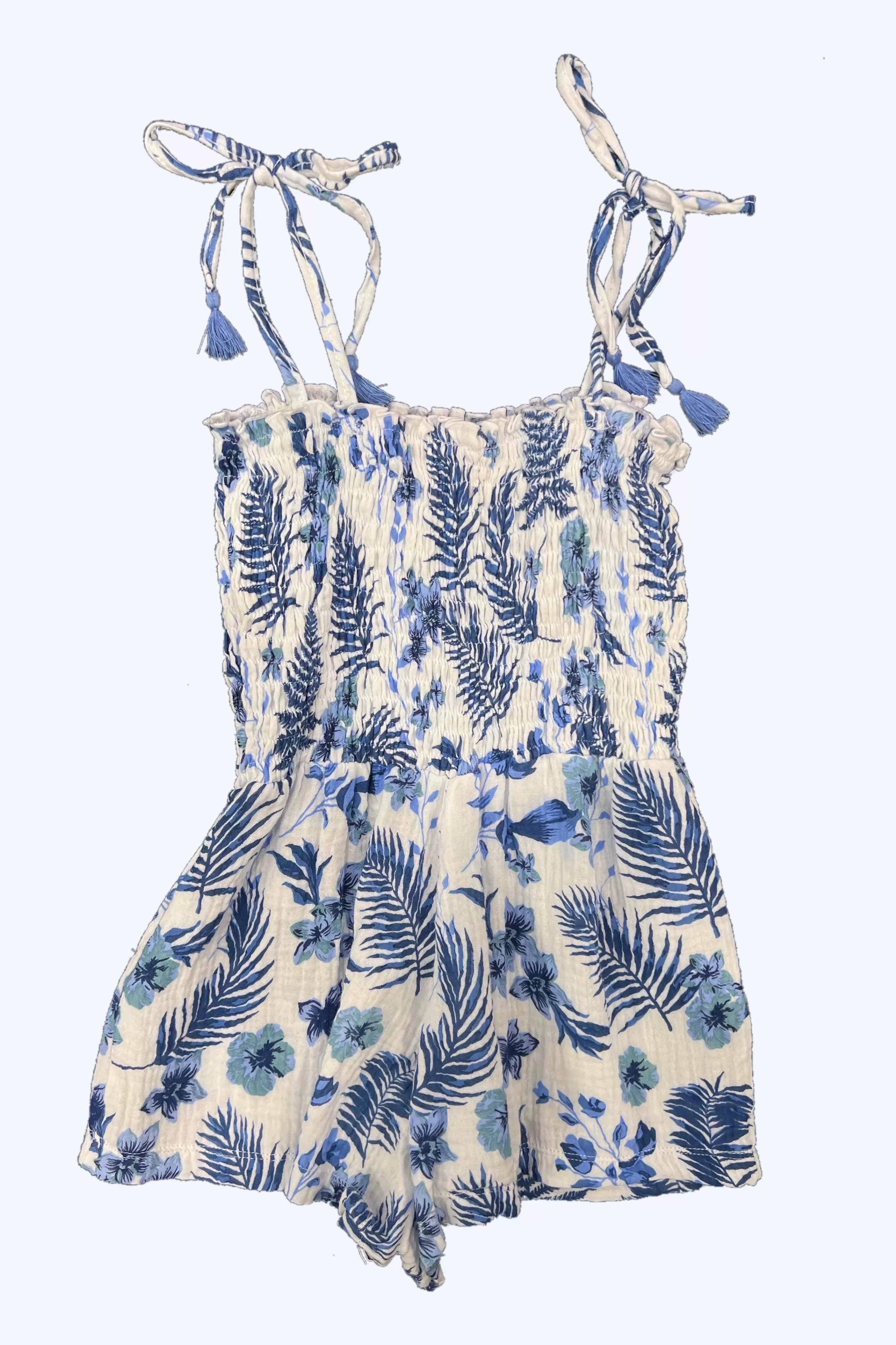 Blue Hawaiian Print Gauze Tie Strap Romper