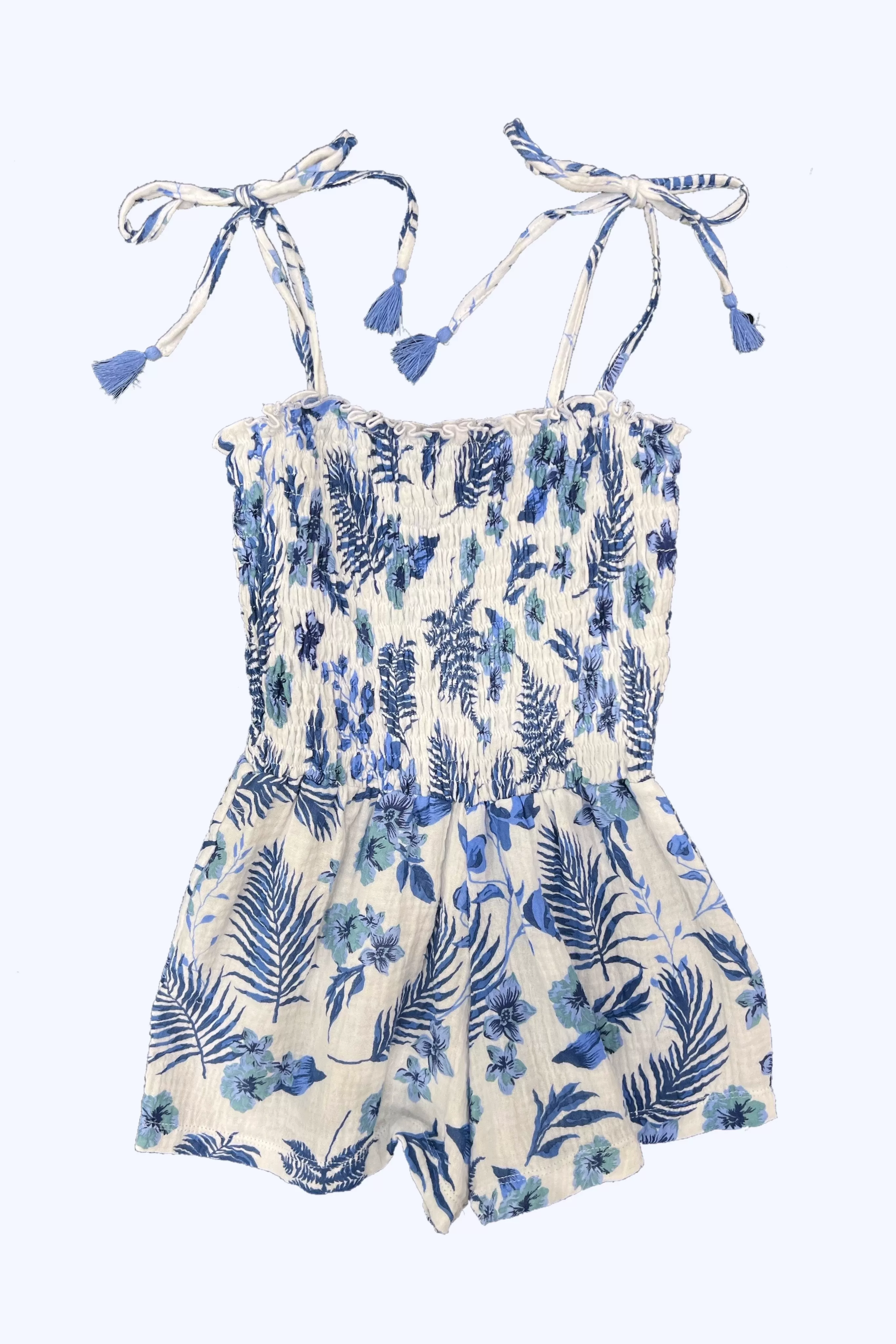 Blue Hawaiian Print Gauze Tie Strap Romper