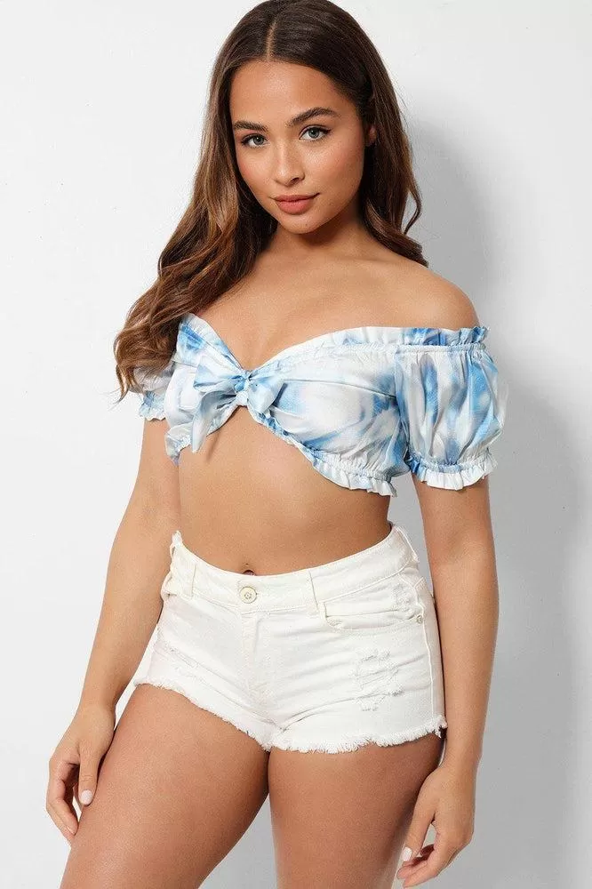 Blue White Tie-Dye Front Knot Bardot Crop Top