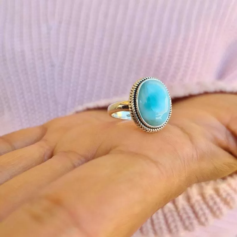 Boho Larimar Minimalist 925 Sterling Silver Statement Ring, Handcrafted Jewelry, For Her