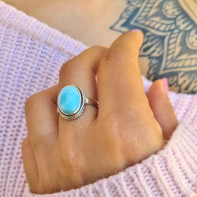 Boho Larimar Minimalist 925 Sterling Silver Statement Ring, Handcrafted Jewelry, For Her