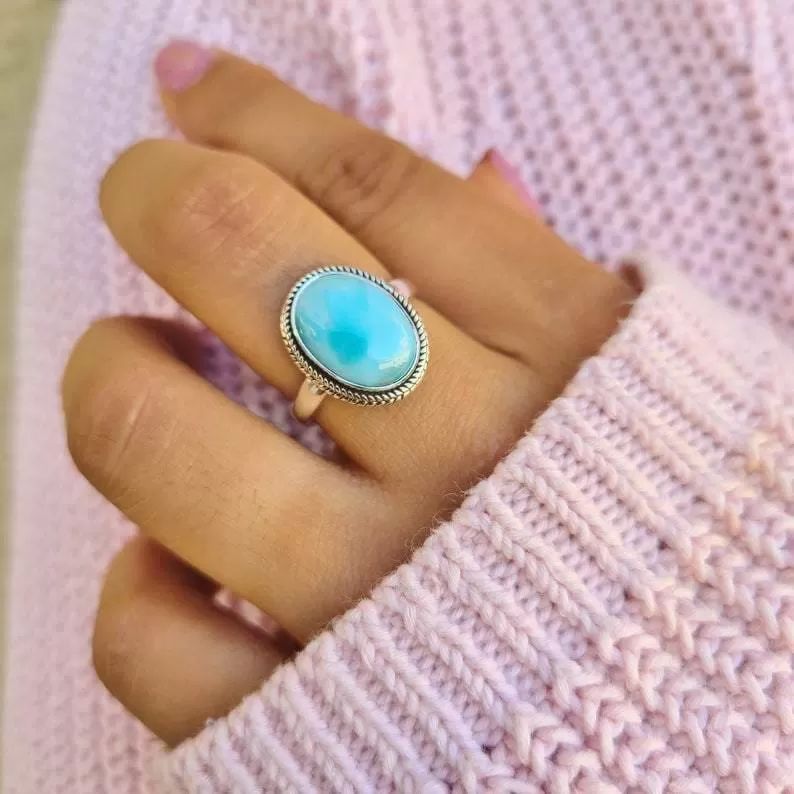 Boho Larimar Minimalist 925 Sterling Silver Statement Ring, Handcrafted Jewelry, For Her