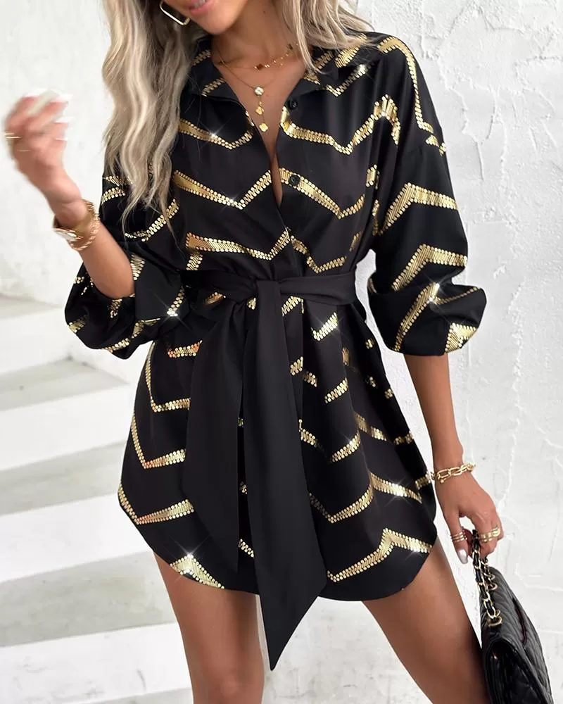 Bronzing Chevron Print Tied Detail Shirt Dress