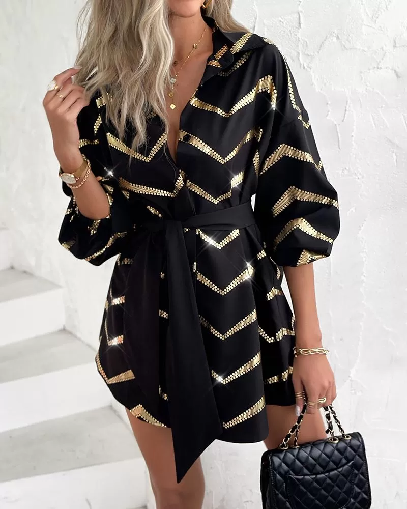 Bronzing Chevron Print Tied Detail Shirt Dress