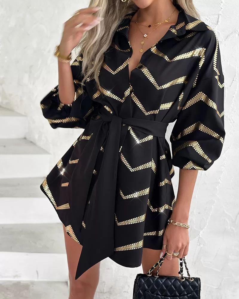 Bronzing Chevron Print Tied Detail Shirt Dress