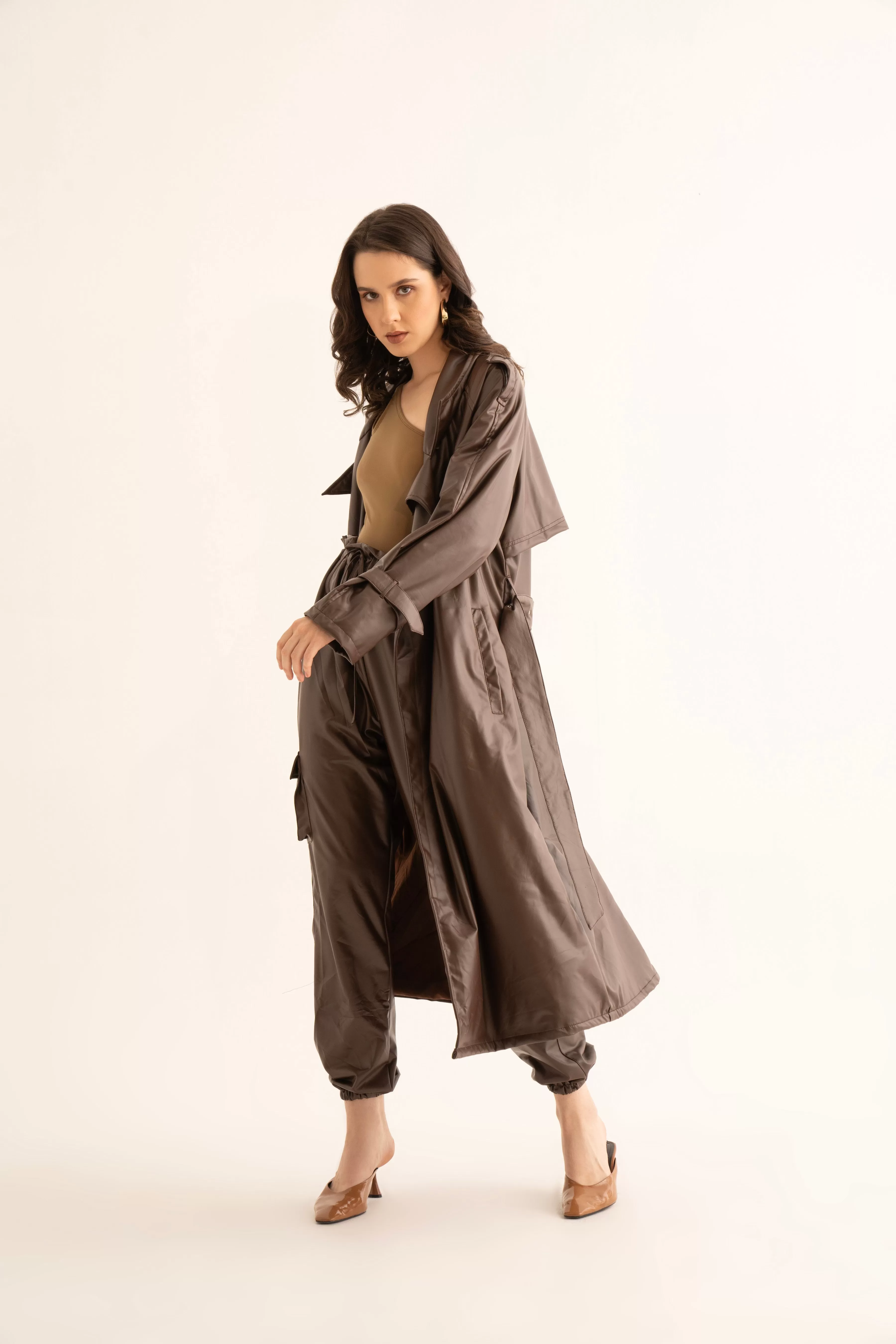 Brown Faux Leather Trench and Cargo Pants Co-ord Set