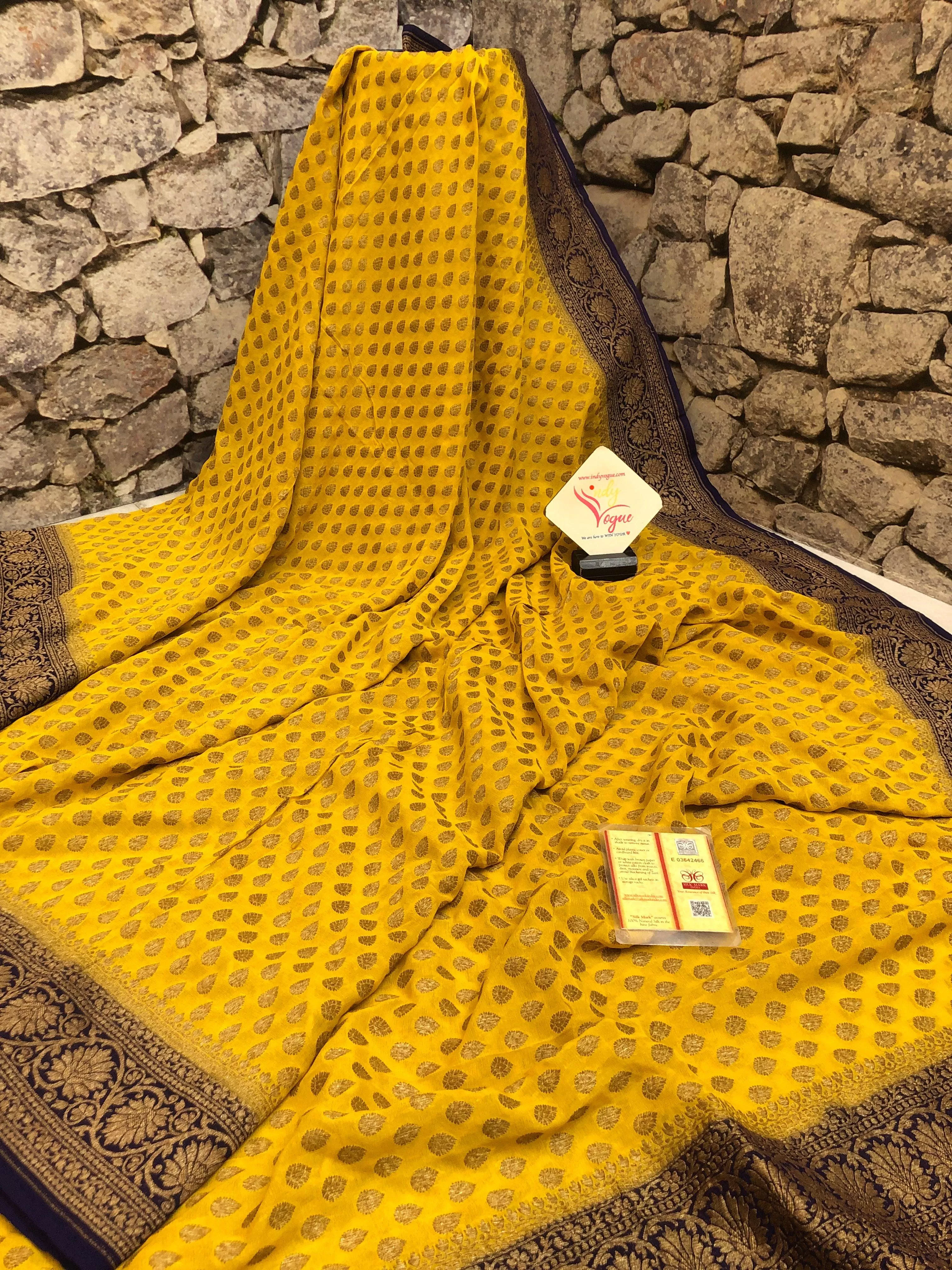 Bumblebee Yellow Color Georgette Banarasi Saree