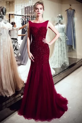 Burgundy Long Mermaid Tulle Sequined Evening Dresses