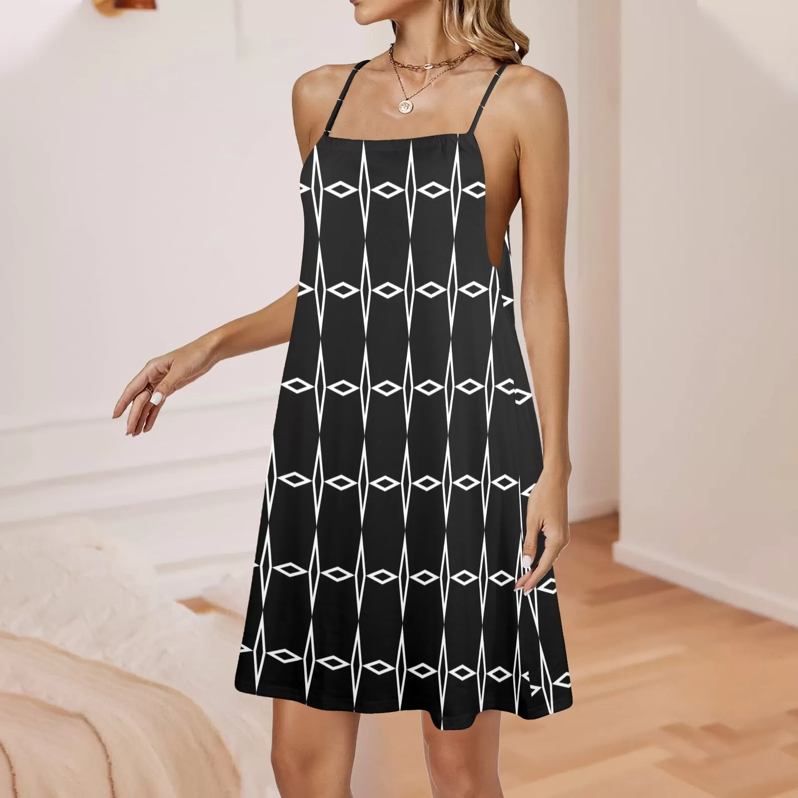 bw diamond print 2 Drawstring Neck Sleeveless Dress (Model D68)