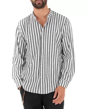 Camicia Uomo Collo Coreano Manica Lunga Cotone Lino Riga Sottile Nero GIOSAL-C2356A