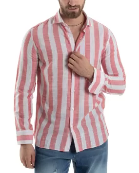 Camicia Uomo Manica Lunga A Righe Lino Collo Francese Regular Fit Riga Larga Rosso GIOSAL-C2854A