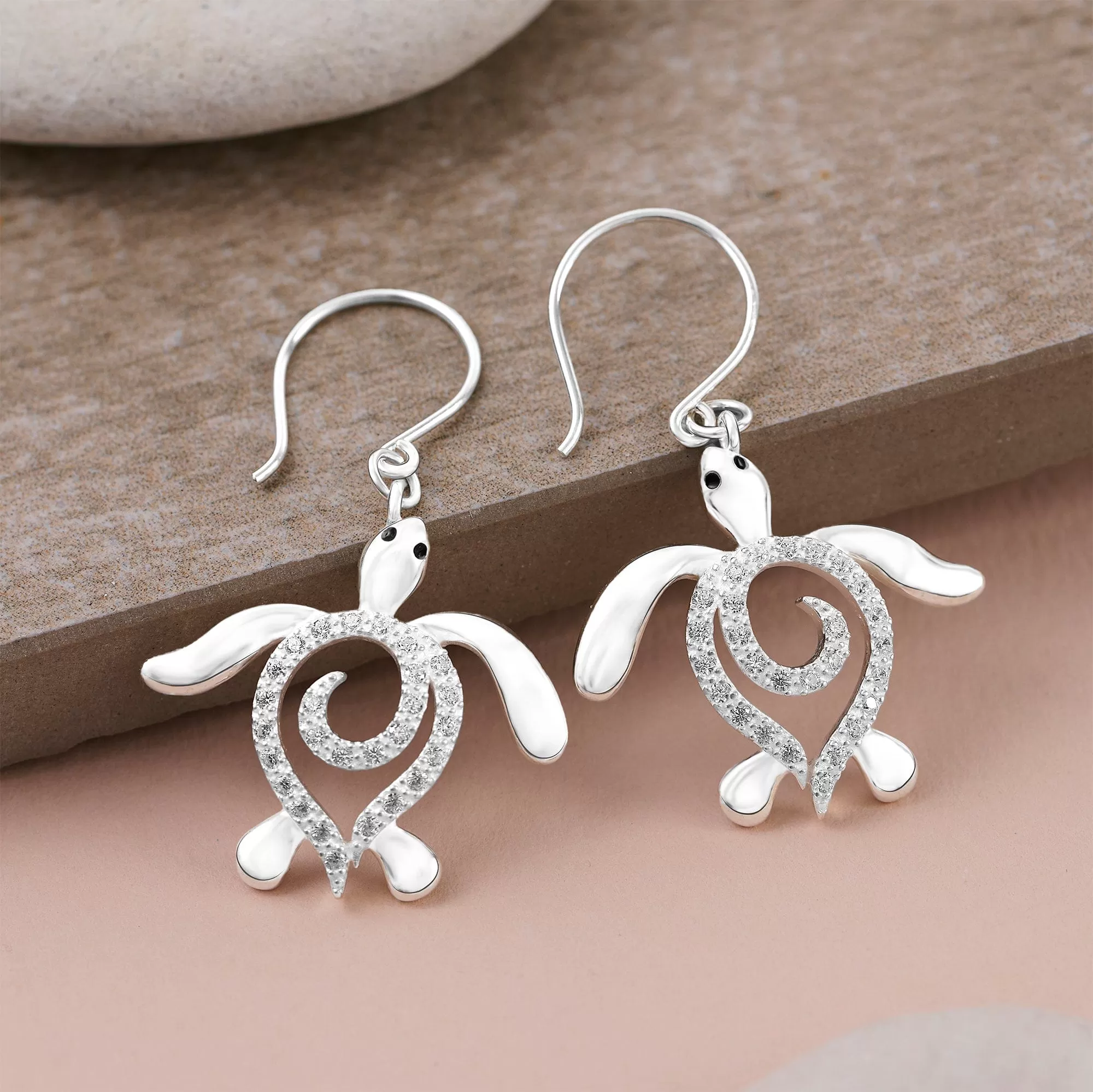 CZ Spiral Shell Turtle Dangling Earrings Silver