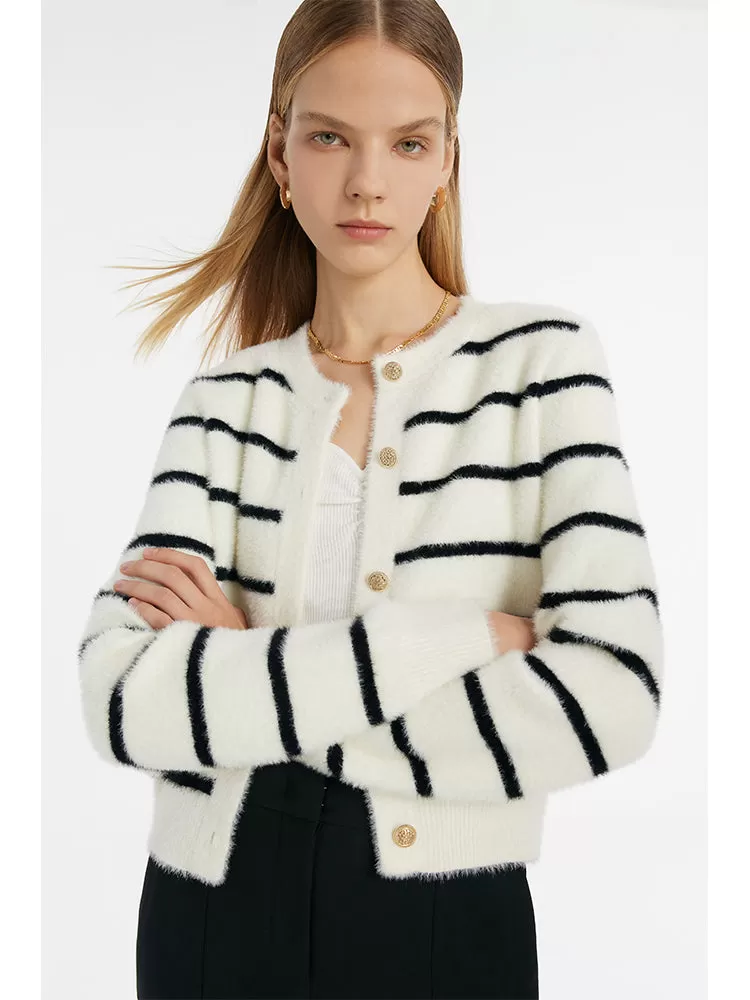 Eco-Friendly Mink Knitted Striped Women Cardigan