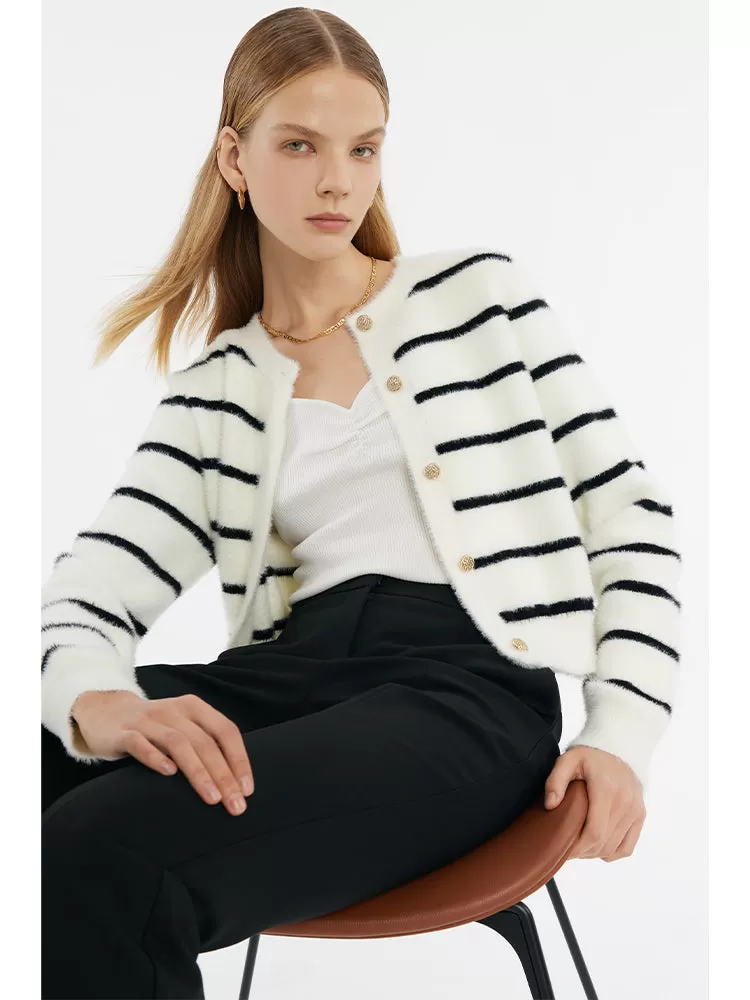 Eco-Friendly Mink Knitted Striped Women Cardigan