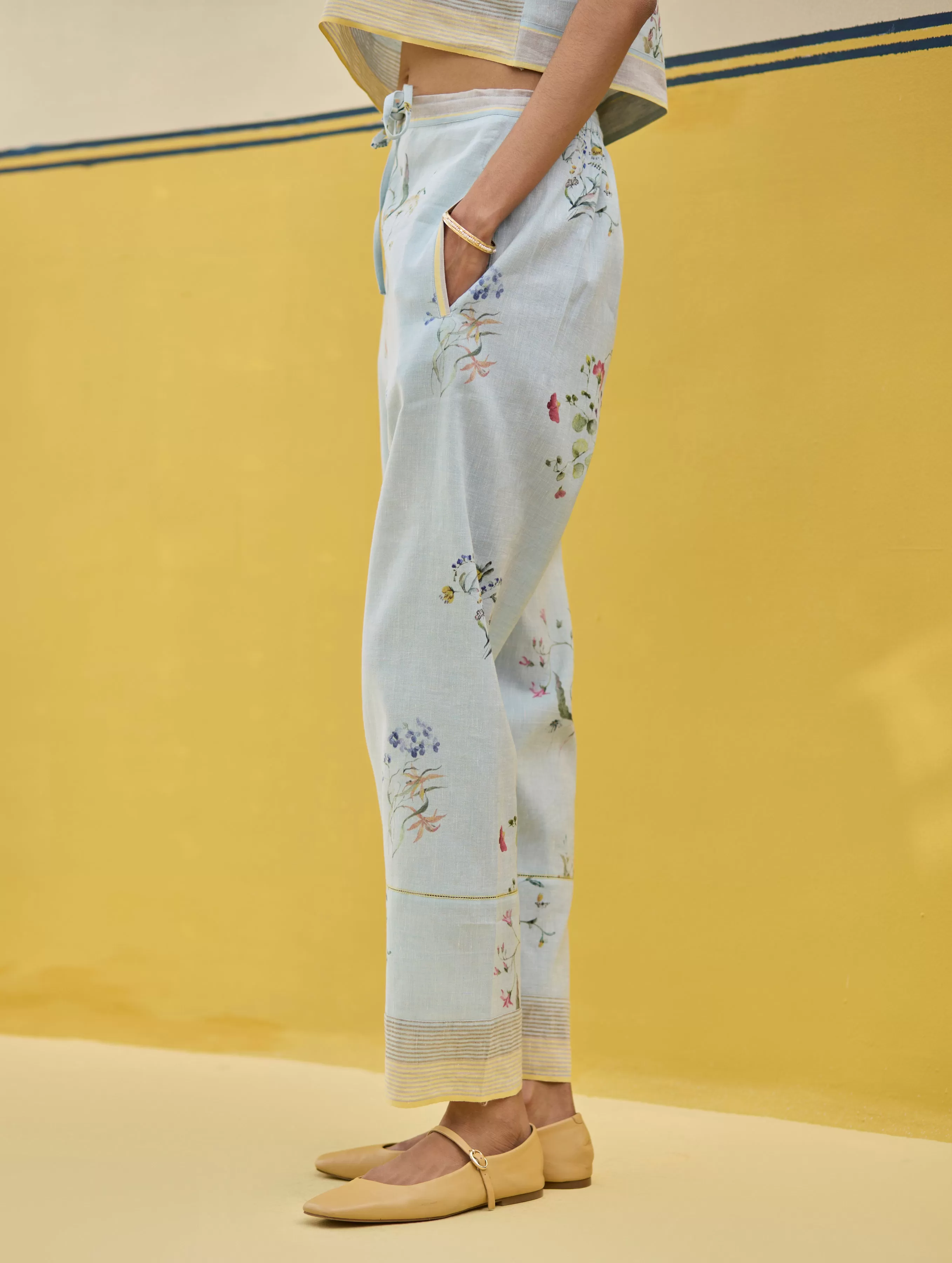 Ema Watercolour Floral Linen Pant - Sky