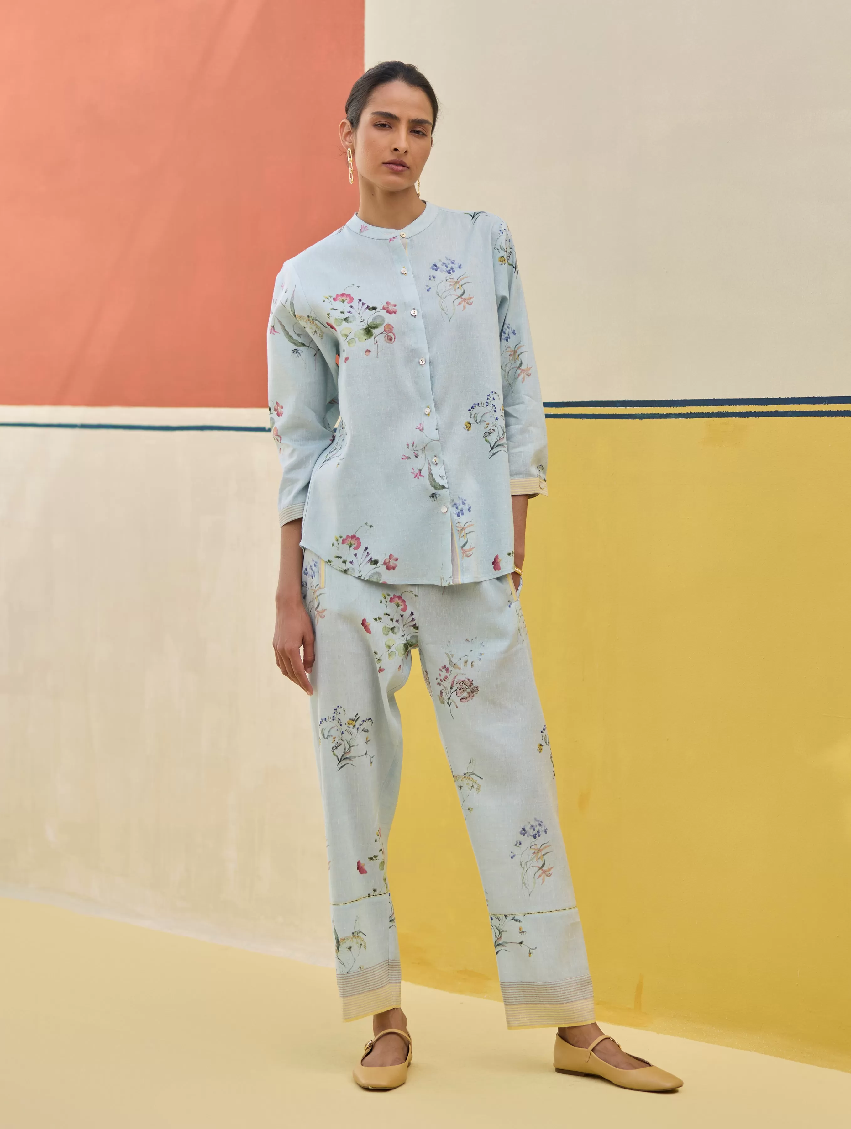 Ema Watercolour Floral Linen Pant - Sky