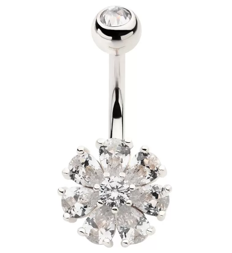 Flower Teardrop Clear CZ Stainless Steel Belly Button Ring