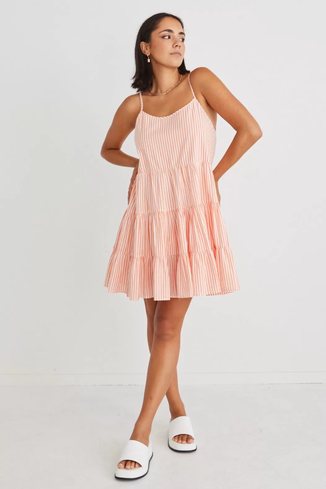 Garden Melon Stripe Strappy Tiered Empire Mini Dress