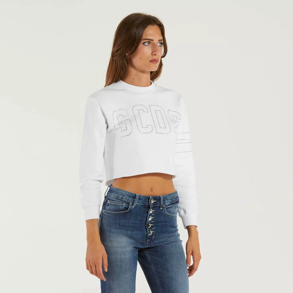 GCDS felpa crop big logo strass bianca