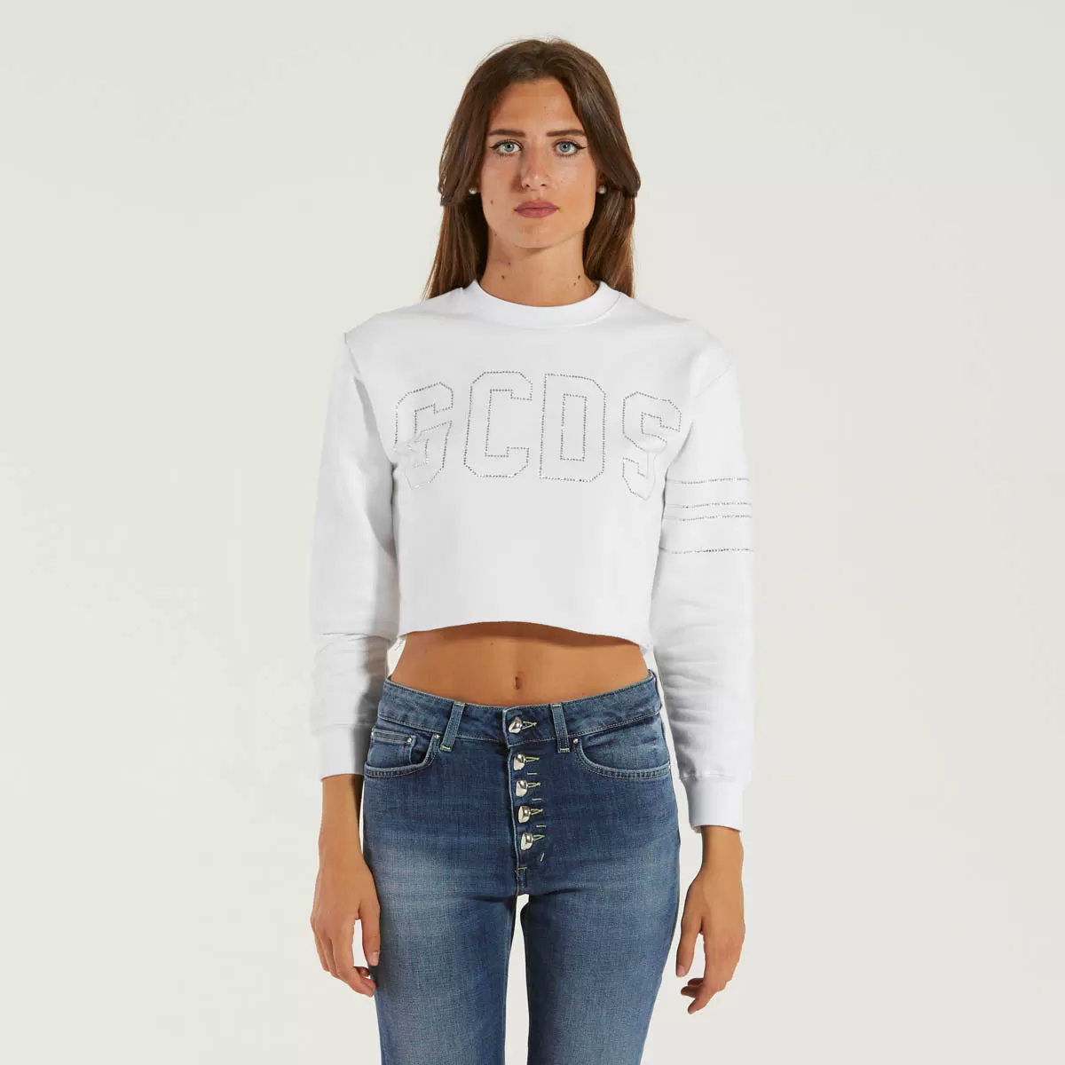 GCDS felpa crop big logo strass bianca