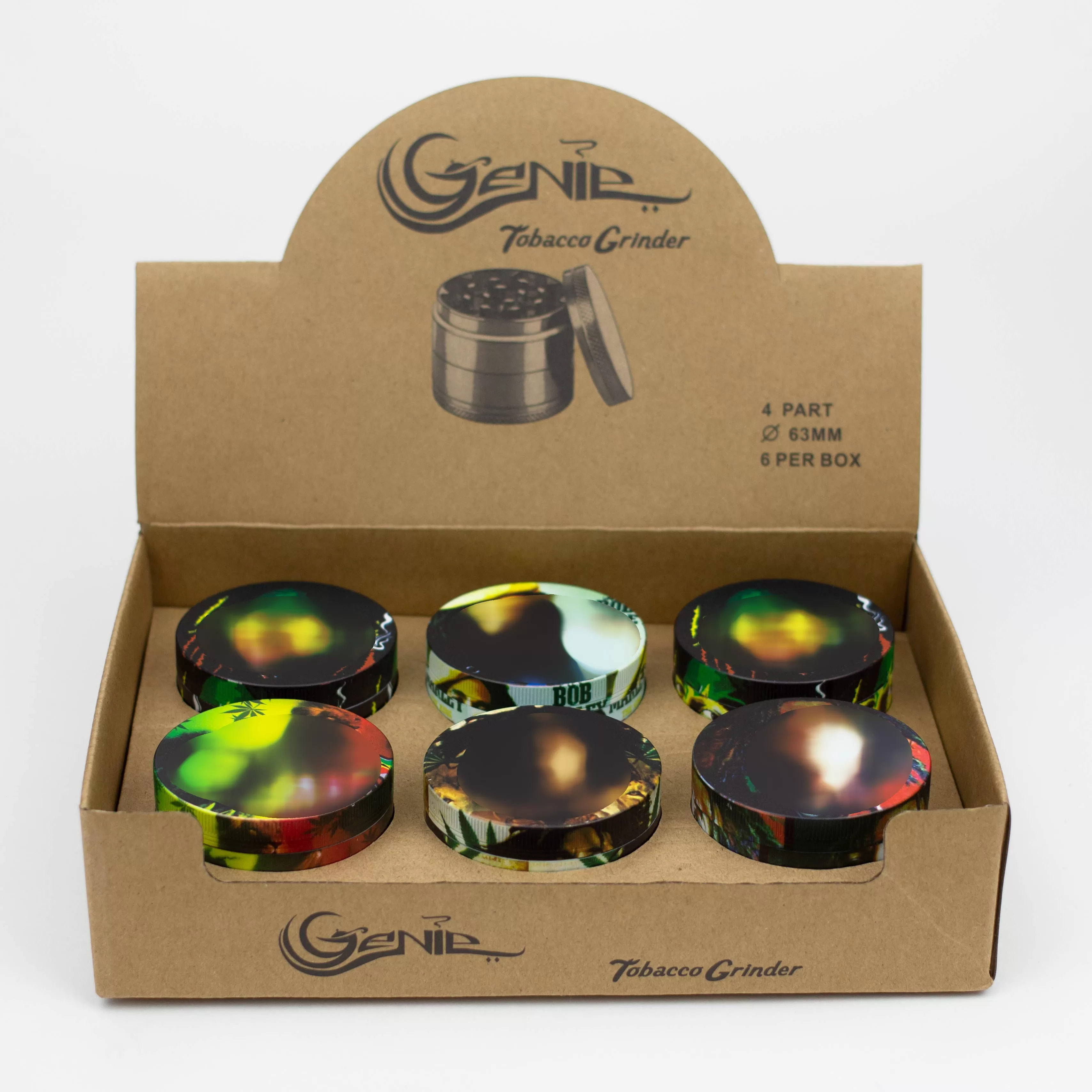 GENIE 4 Parts 63mm Rasta Man Metal Grinder Box of 6