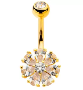 Gold PVD Flower Teardrop Clear CZ Stainless Steel Belly Button Ring