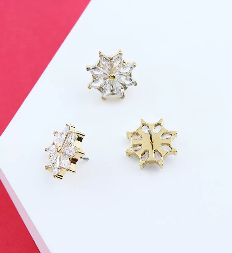 Gold PVD Snow Flower Clear CZ Titanium Threadless Top