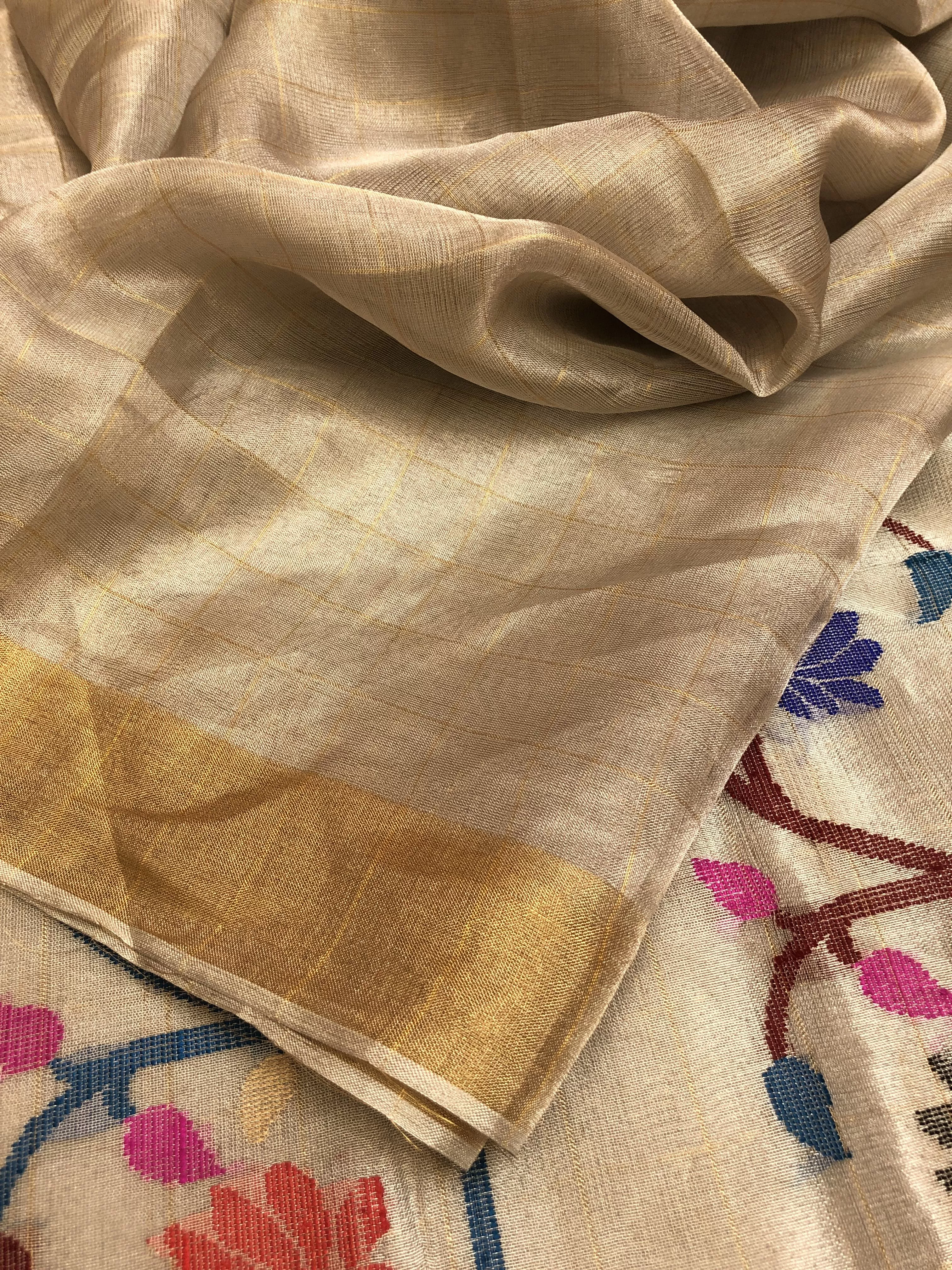 Golden Color Designer Tissue Silk Saree with Meenakari Pallu