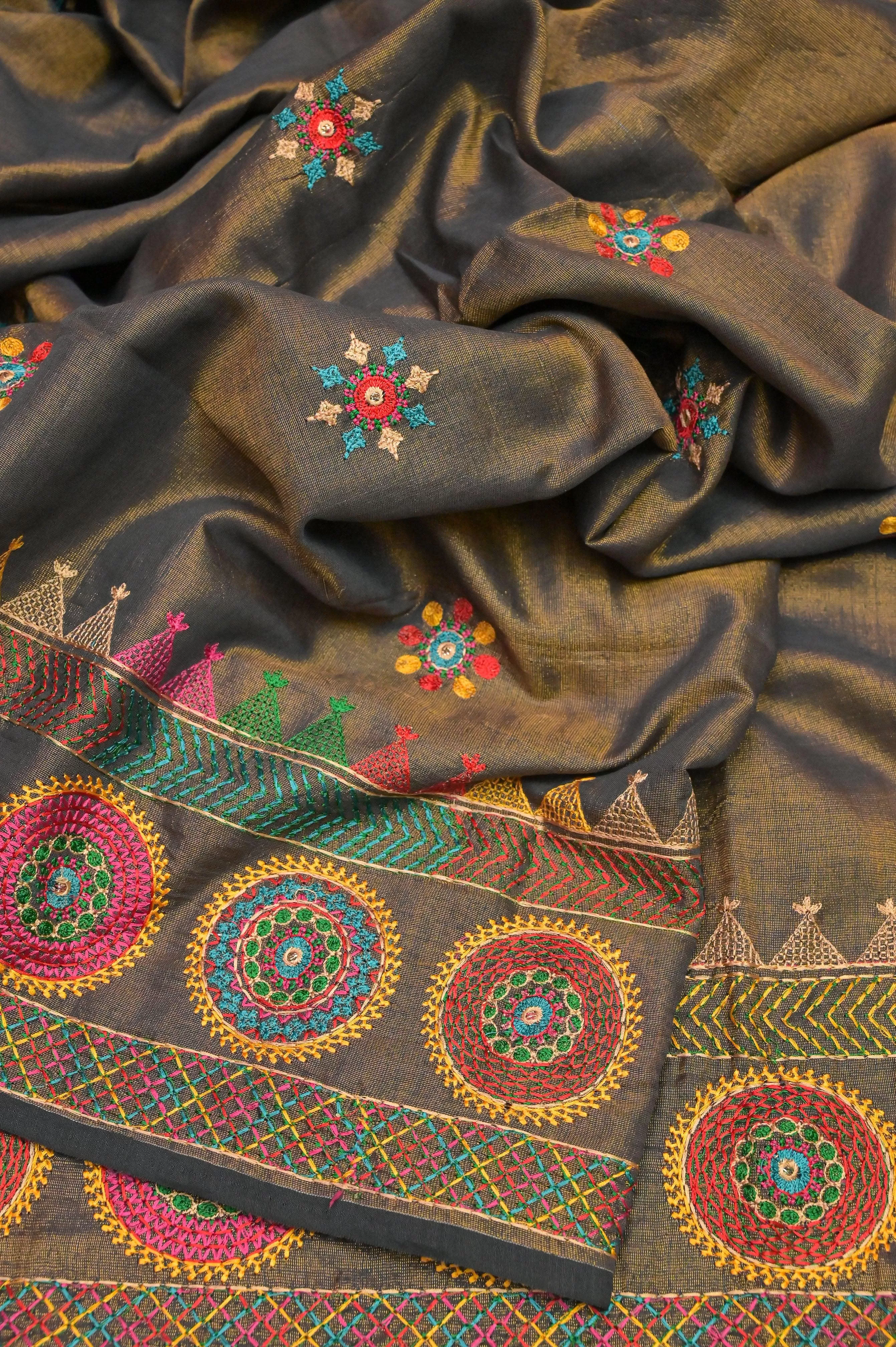 Gray and Golden Tissue Cotton Saree with Lambani Embroidery