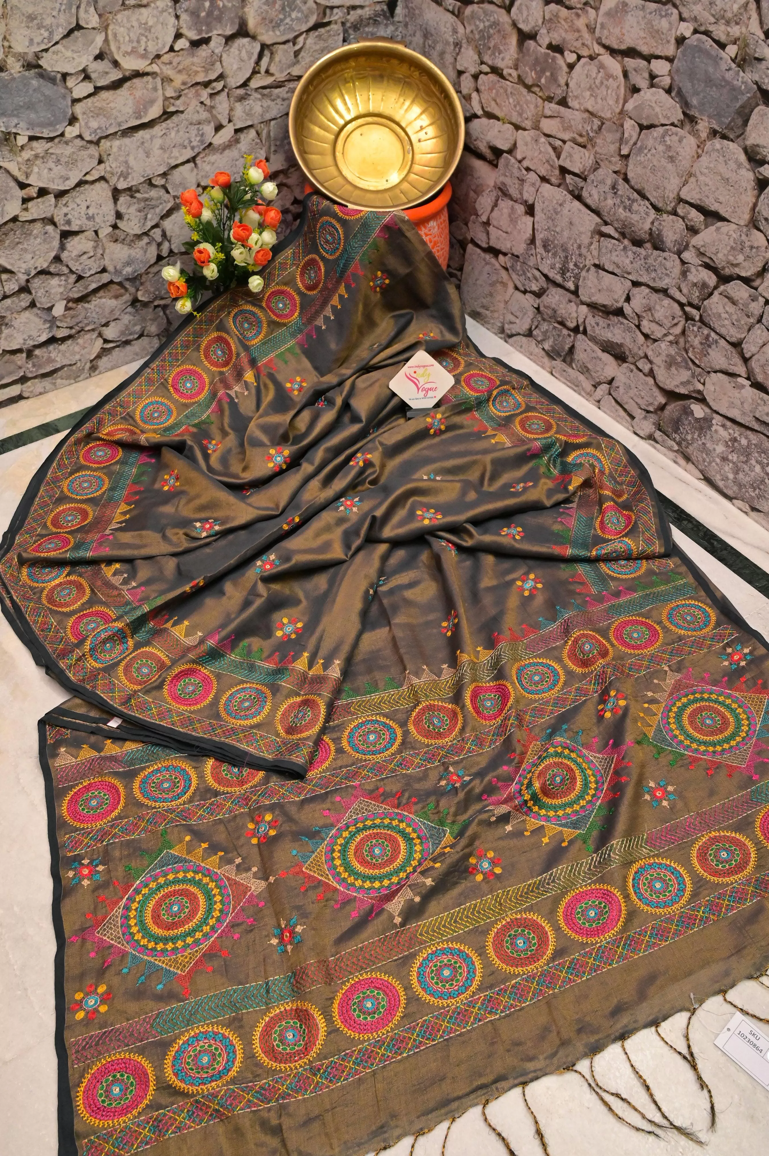 Gray and Golden Tissue Cotton Saree with Lambani Embroidery