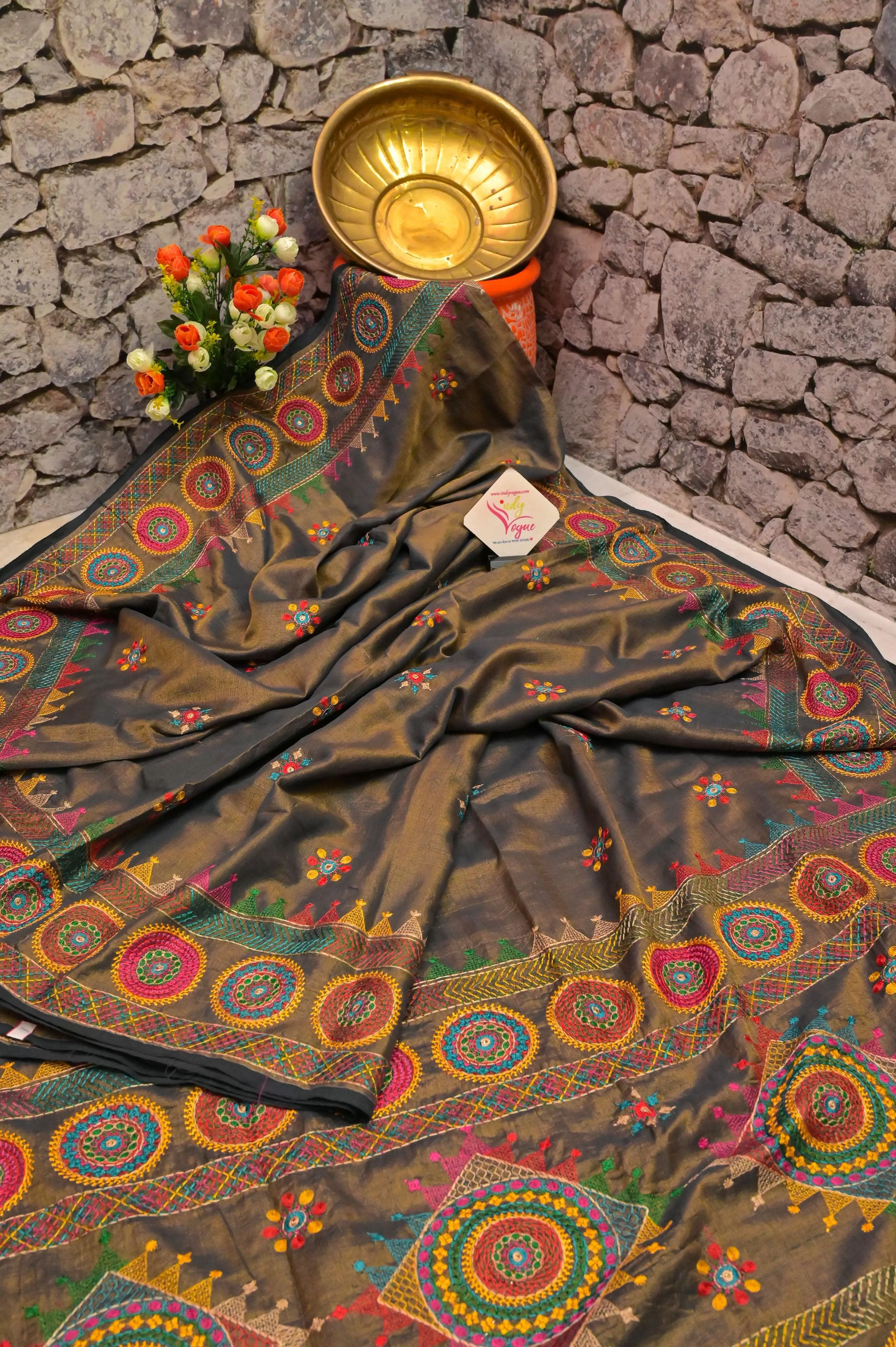 Gray and Golden Tissue Cotton Saree with Lambani Embroidery