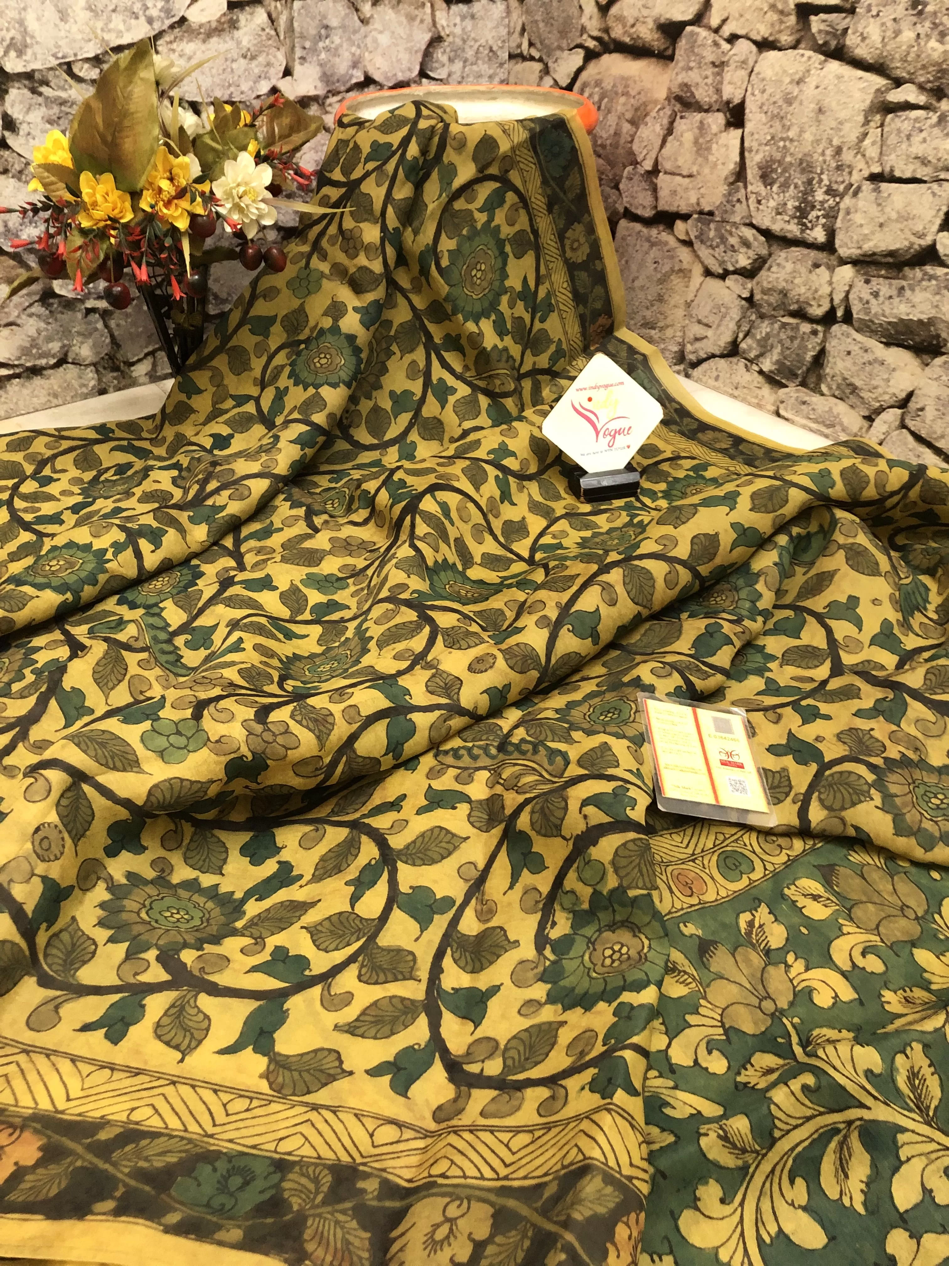 Green Color Pure Silk Saree with Allover Hand-Painted Kalamkari