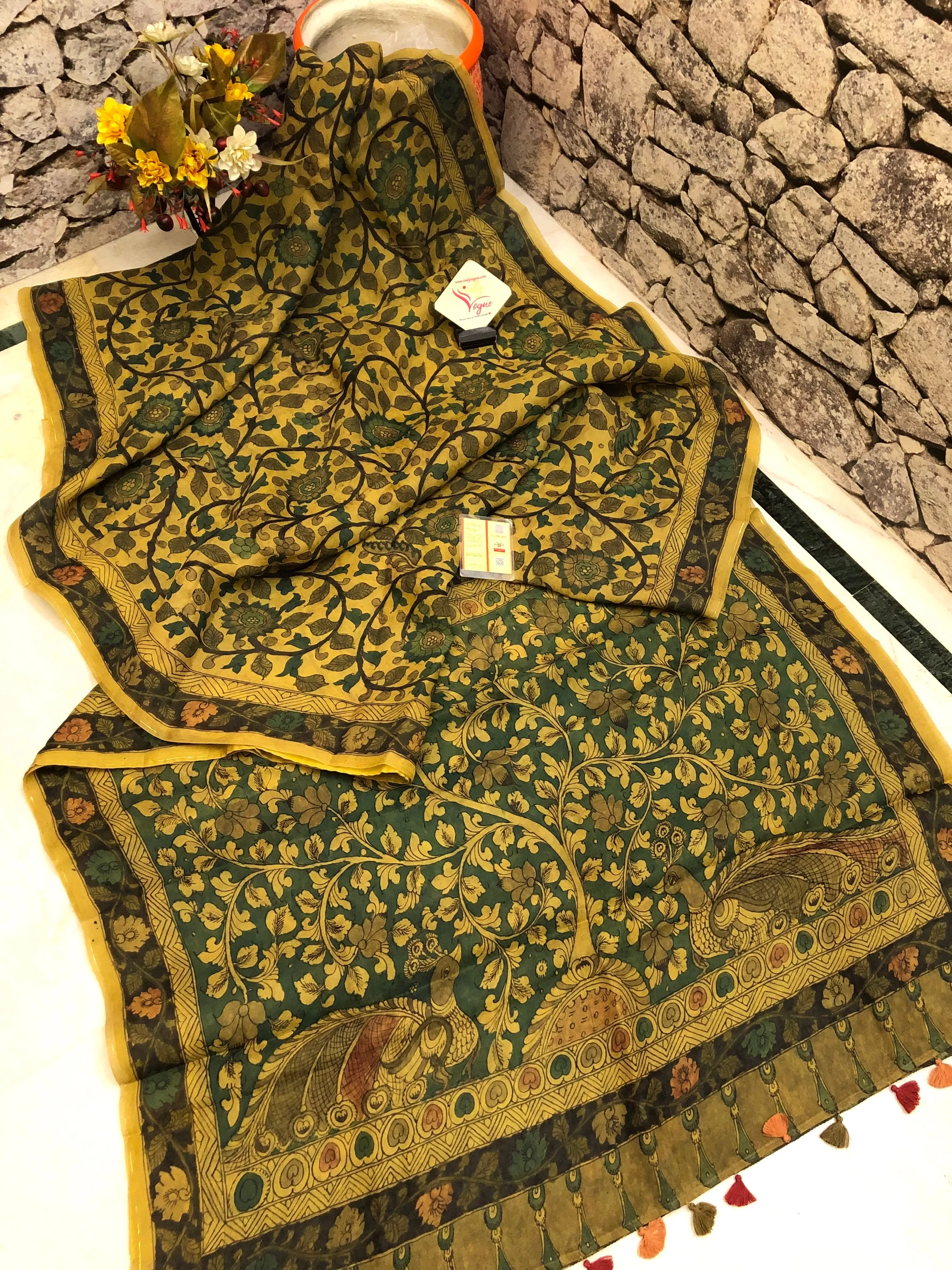 Green Color Pure Silk Saree with Allover Hand-Painted Kalamkari