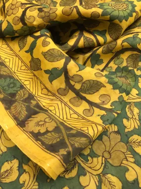 Green Color Pure Silk Saree with Allover Hand-Painted Kalamkari