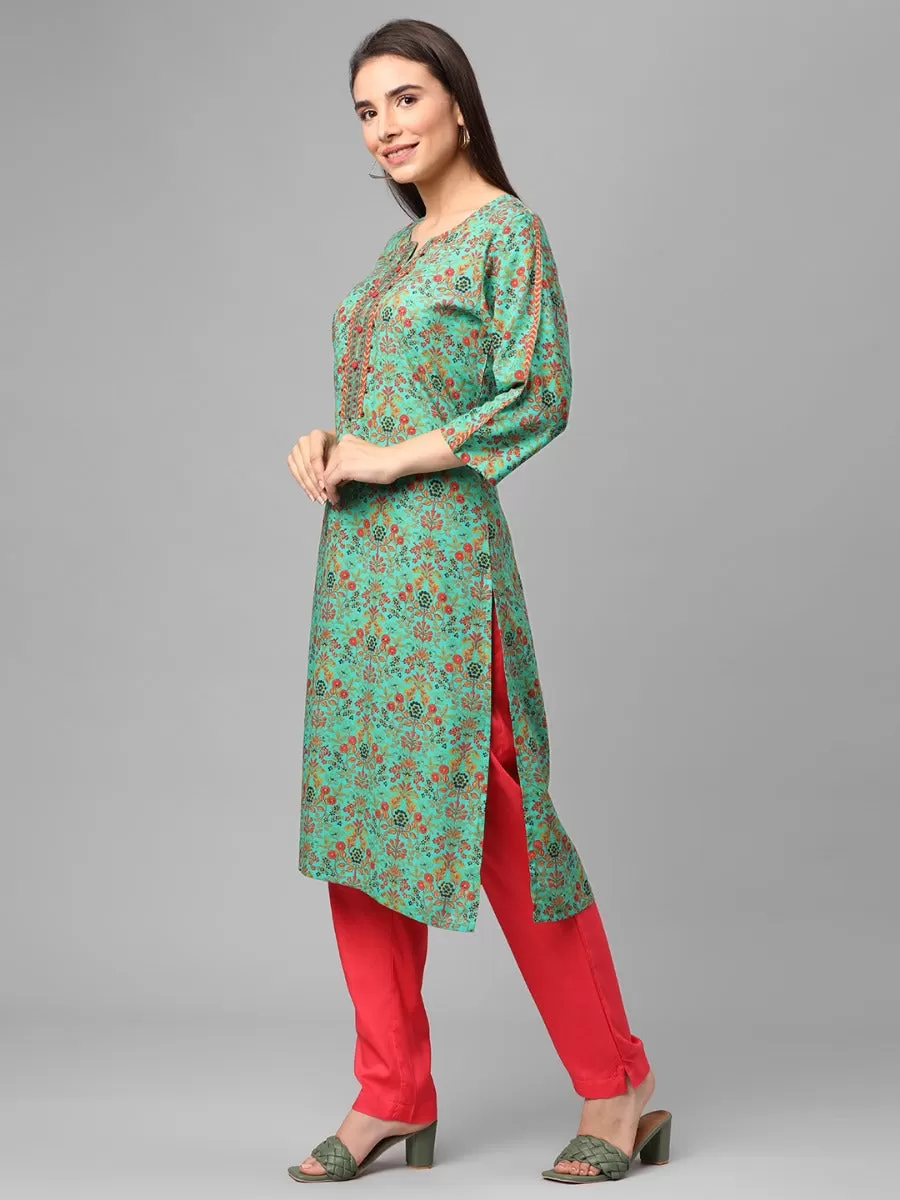 Green Floral Printed Kurta With Trouser