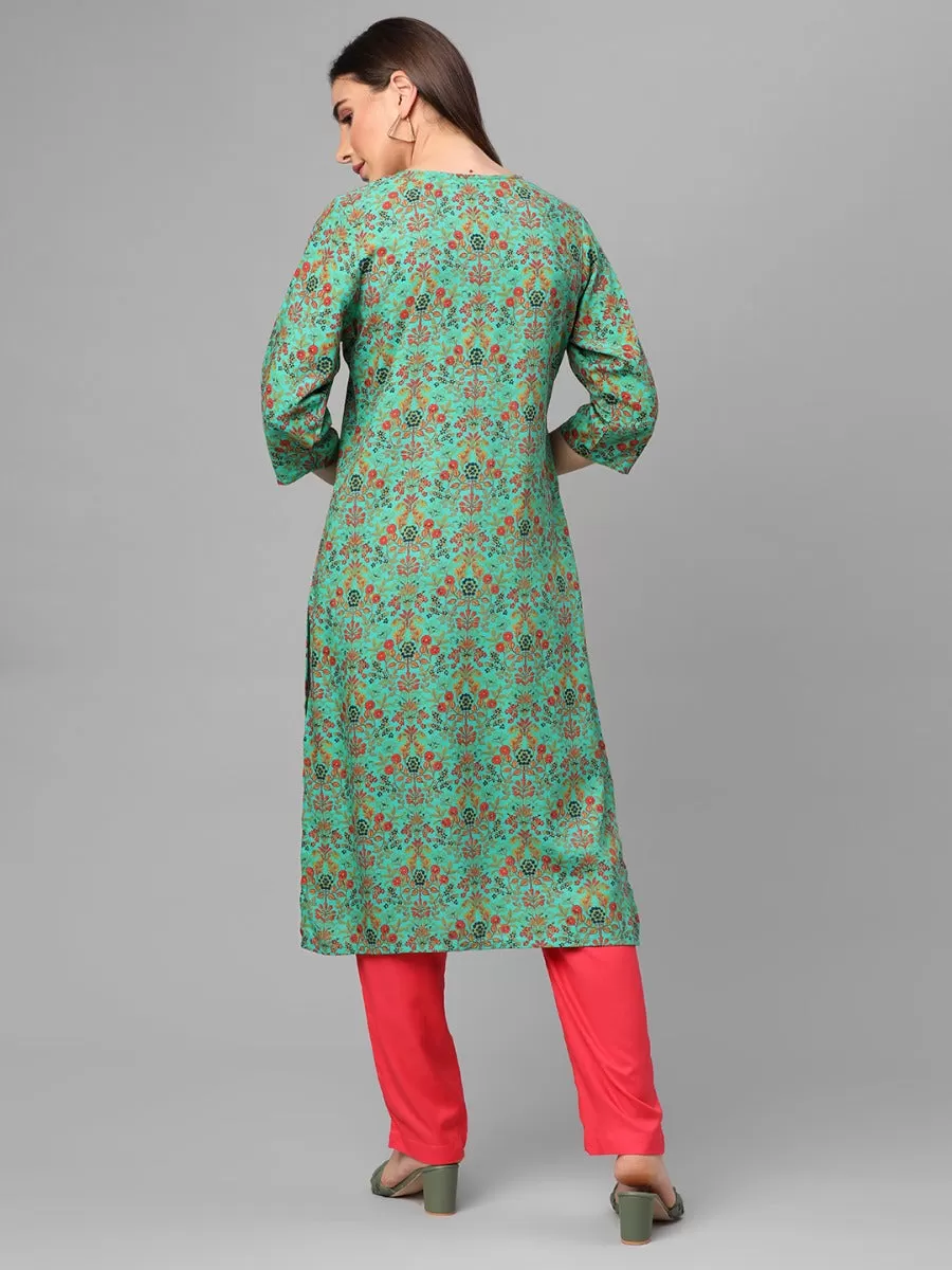 Green Floral Printed Kurta With Trouser