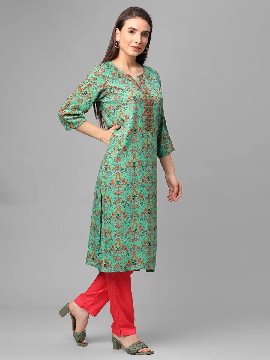 Green Floral Printed Kurta With Trouser