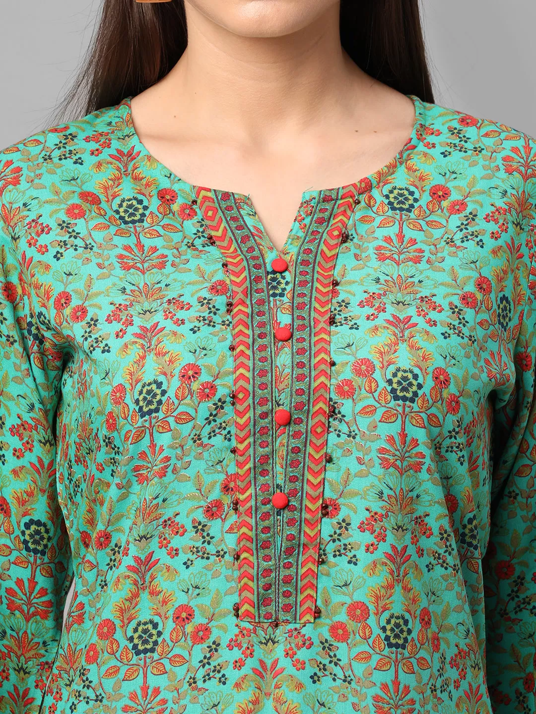 Green Floral Printed Kurta With Trouser